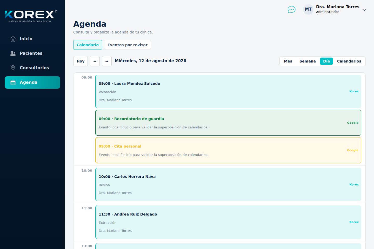 Fragmento de una cita en Agenda vinculada a un paciente en Korex
