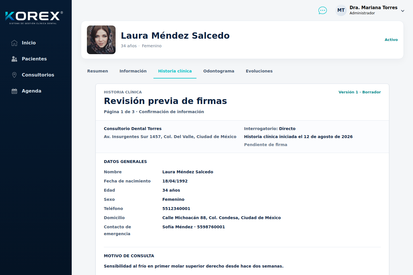Fragmento de la identidad y datos de un paciente en Korex