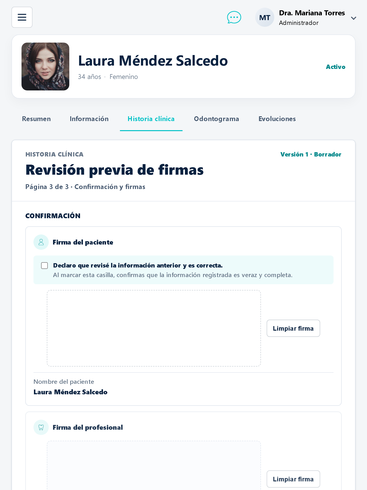 Historia clínica de Korex en revisión previa de firmas en tablet